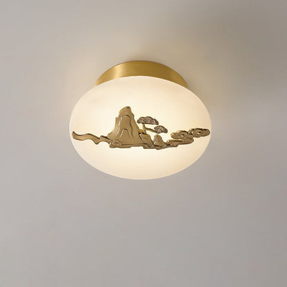 Traditional Chinese Round Brass Marble Lucky Cloud Bird Leaf Tree Flower LED Semi-Flush Mount Ceiling Light For Hallway