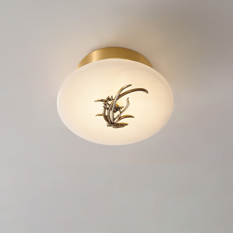 Traditional Chinese Round Brass Marble Lucky Cloud Bird Leaf Tree Flower LED Semi-Flush Mount Ceiling Light For Hallway