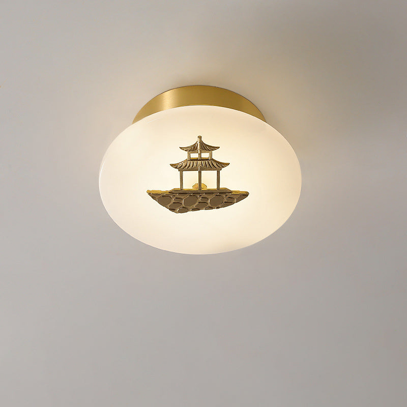 Traditional Chinese Round Brass Marble Lucky Cloud Bird Leaf Tree Flower LED Semi-Flush Mount Ceiling Light For Hallway