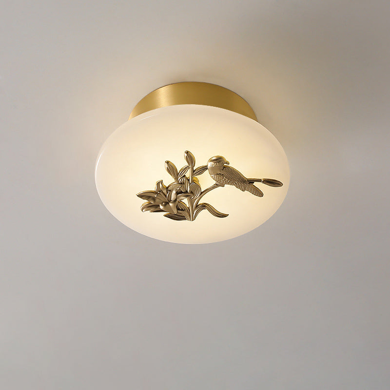 Traditional Chinese Round Brass Marble Lucky Cloud Bird Leaf Tree Flower LED Semi-Flush Mount Ceiling Light For Hallway