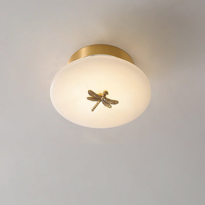 Traditional Chinese Round Brass Marble Lucky Cloud Bird Leaf Tree Flower LED Semi-Flush Mount Ceiling Light For Hallway