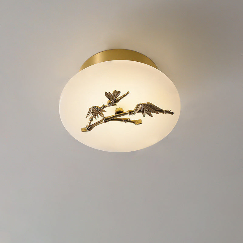 Traditional Chinese Round Brass Marble Lucky Cloud Bird Leaf Tree Flower LED Semi-Flush Mount Ceiling Light For Hallway