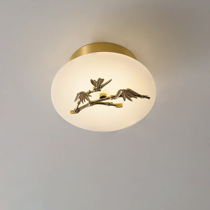 Traditional Chinese Round Brass Marble Lucky Cloud Bird Leaf Tree Flower LED Semi-Flush Mount Ceiling Light For Hallway