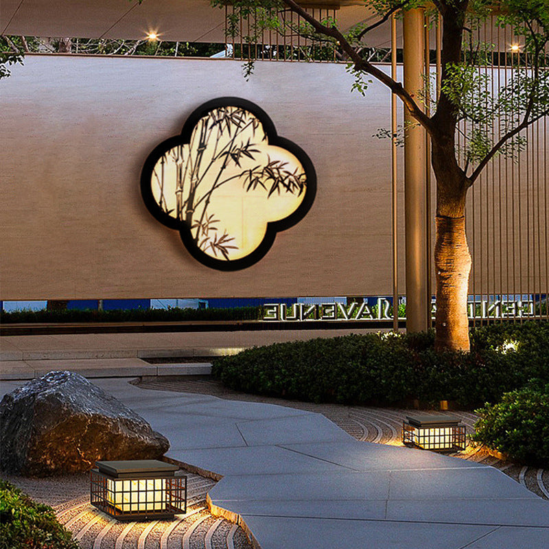 Traditional Chinese Solar Waterproof Bamboo Leaf Iron Acrylic LED Wall Sconce Lamp For Outdoor Patio