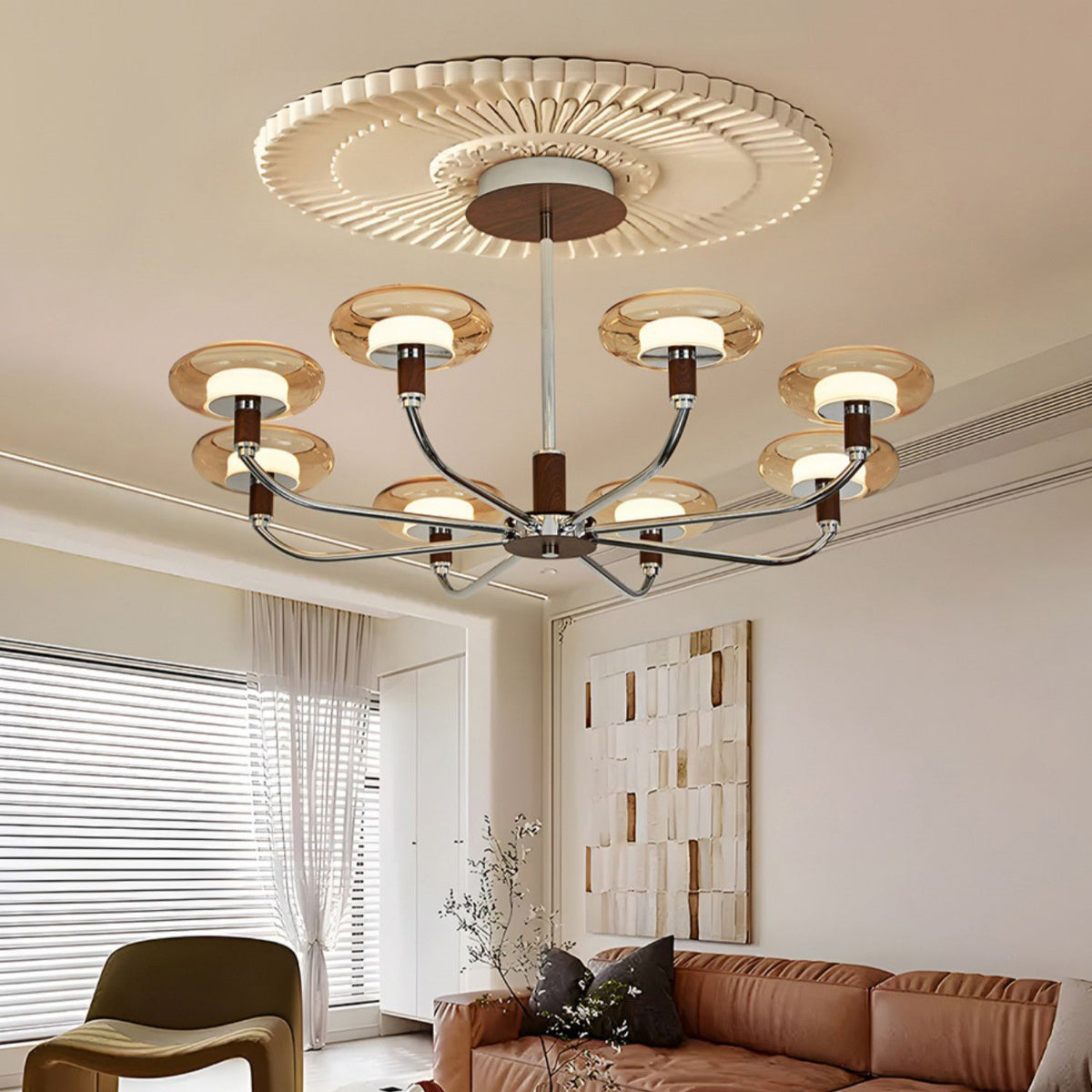 Contemporary Retro Hardware Glass Aluminum Round LED Chandeliers For Living Room