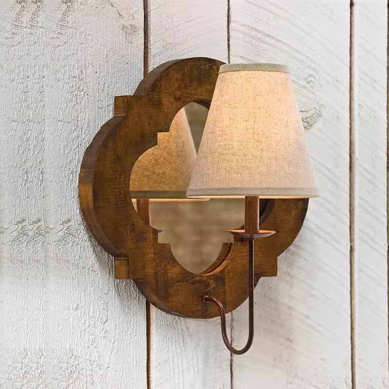 Traditional Vintage Wood Fabric Cylinder Candlestick Mirror 1-Light Wall Sconce Lamp For Bedroom