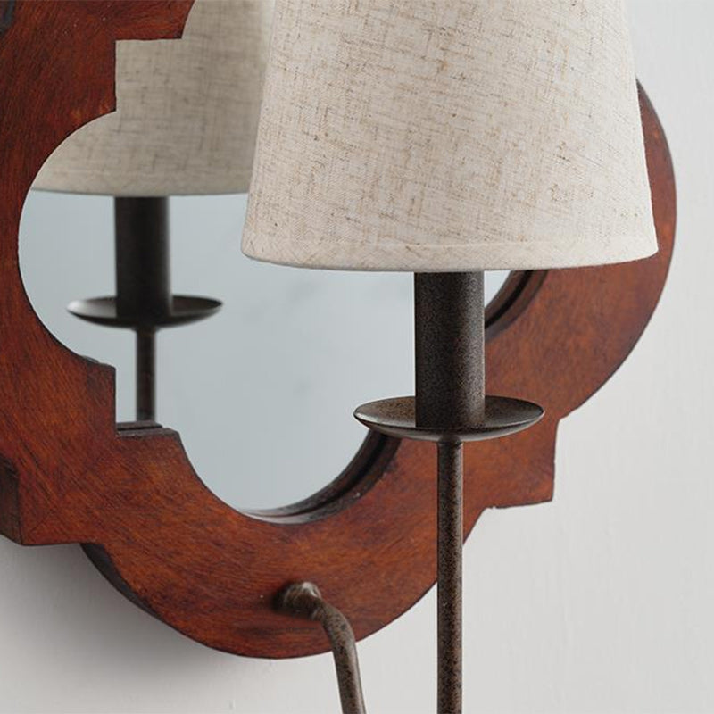 Traditional Vintage Wood Fabric Cylinder Candlestick Mirror 1-Light Wall Sconce Lamp For Bedroom