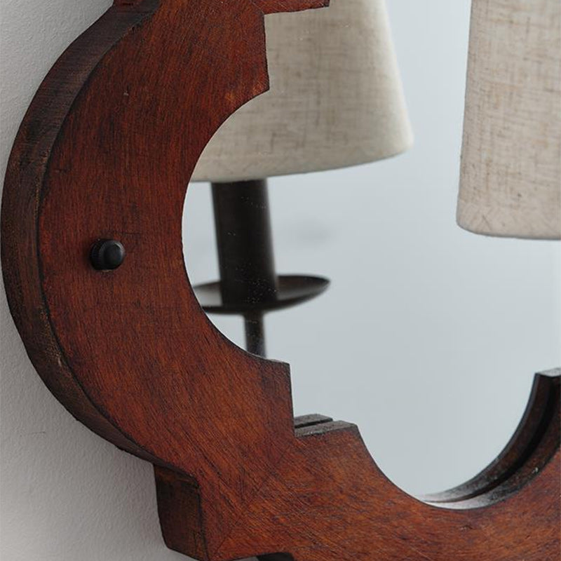 Traditional Vintage Wood Fabric Cylinder Candlestick Mirror 1-Light Wall Sconce Lamp For Bedroom