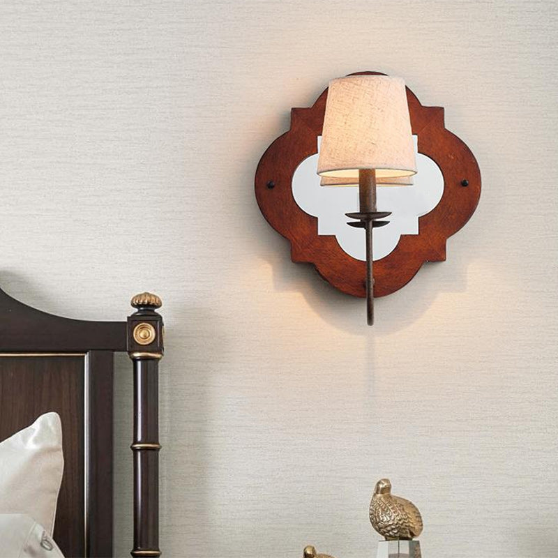 Traditional Vintage Wood Fabric Cylinder Candlestick Mirror 1-Light Wall Sconce Lamp For Bedroom