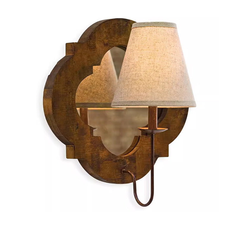 Traditional Vintage Wood Fabric Cylinder Candlestick Mirror 1-Light Wall Sconce Lamp For Bedroom