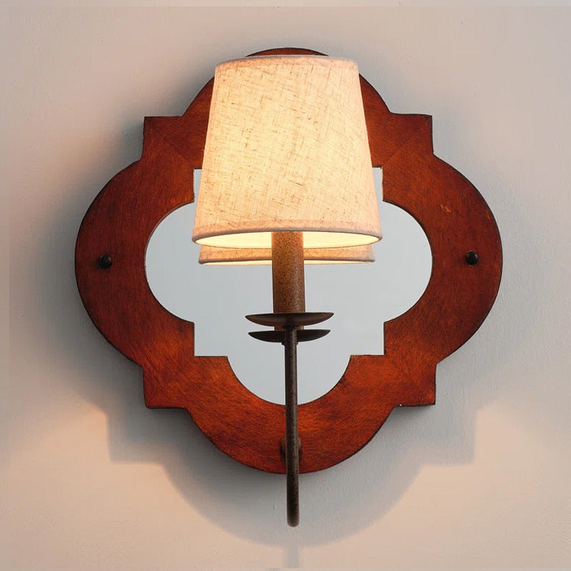 Traditional Vintage Wood Fabric Cylinder Candlestick Mirror 1-Light Wall Sconce Lamp For Bedroom