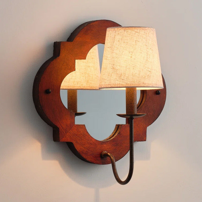 Traditional Vintage Wood Fabric Cylinder Candlestick Mirror 1-Light Wall Sconce Lamp For Bedroom