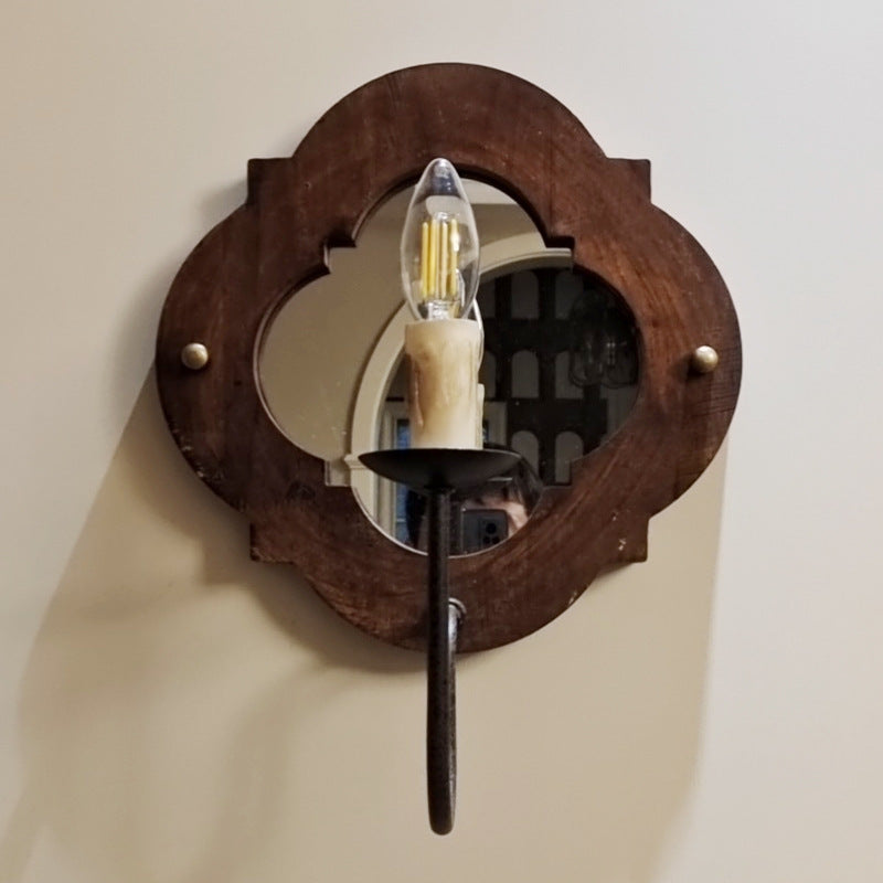 Traditional Vintage Wood Fabric Cylinder Candlestick Mirror 1-Light Wall Sconce Lamp For Bedroom