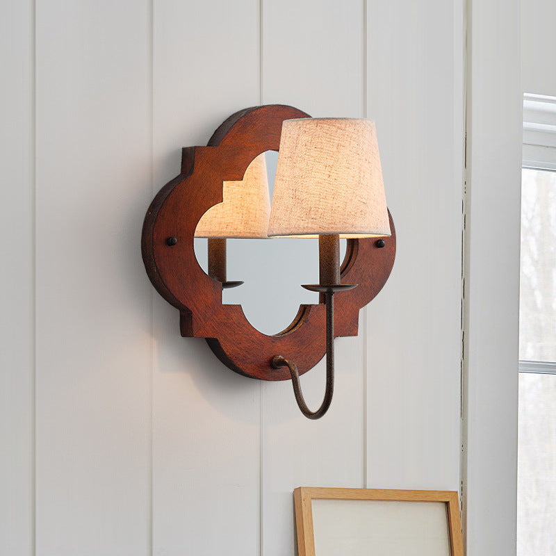 Traditional Vintage Wood Fabric Cylinder Candlestick Mirror 1-Light Wall Sconce Lamp For Bedroom