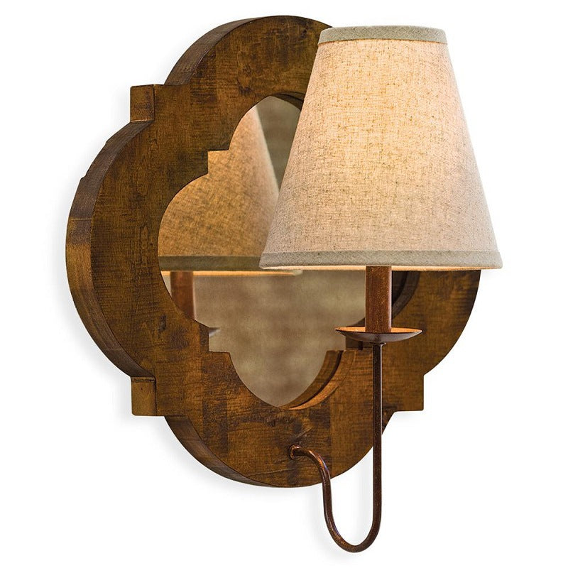 Traditional Vintage Wood Fabric Cylinder Candlestick Mirror 1-Light Wall Sconce Lamp For Bedroom