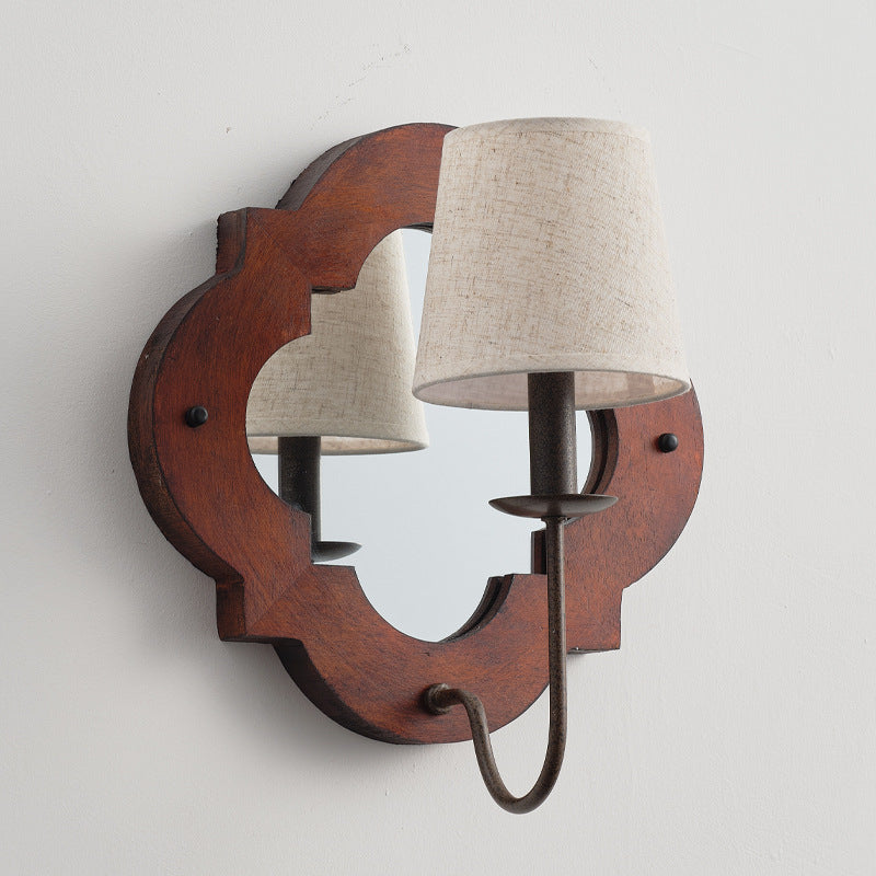 Traditional Vintage Wood Fabric Cylinder Candlestick Mirror 1-Light Wall Sconce Lamp For Bedroom