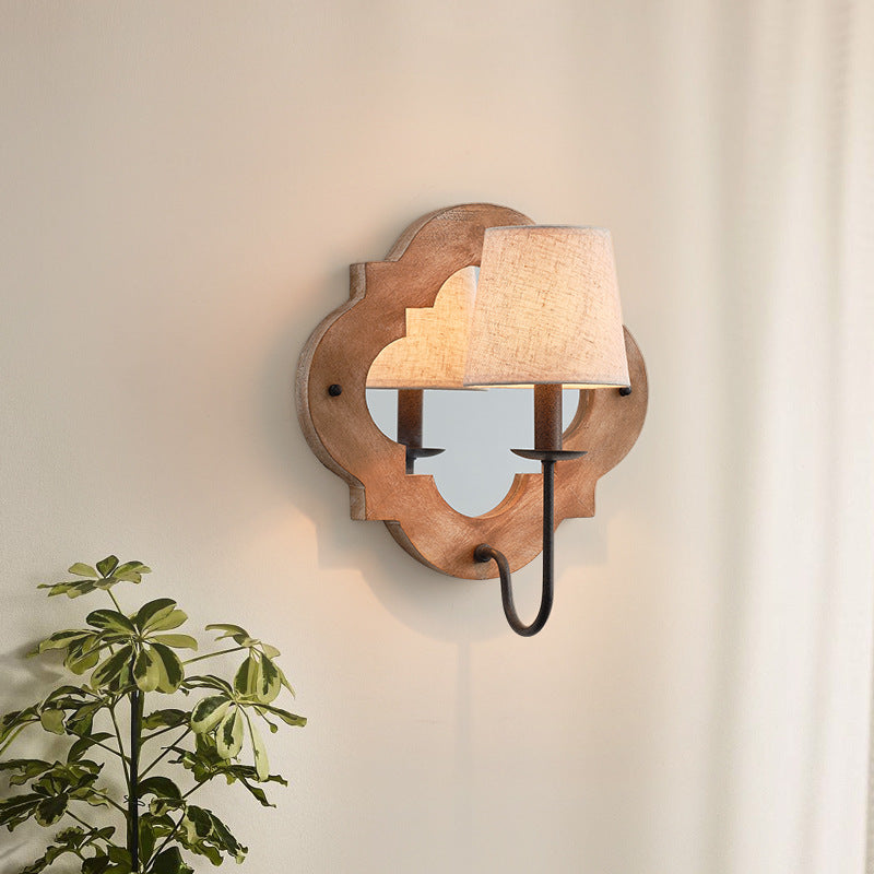 Traditional Vintage Wood Fabric Cylinder Candlestick Mirror 1-Light Wall Sconce Lamp For Bedroom