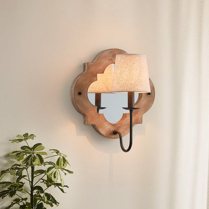 Traditional Vintage Wood Fabric Cylinder Candlestick Mirror 1-Light Wall Sconce Lamp For Bedroom
