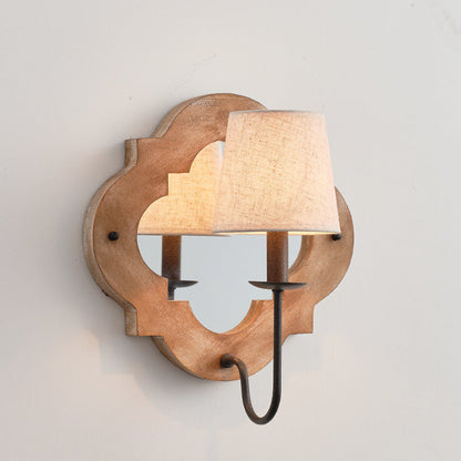 Traditional Vintage Wood Fabric Cylinder Candlestick Mirror 1-Light Wall Sconce Lamp For Bedroom