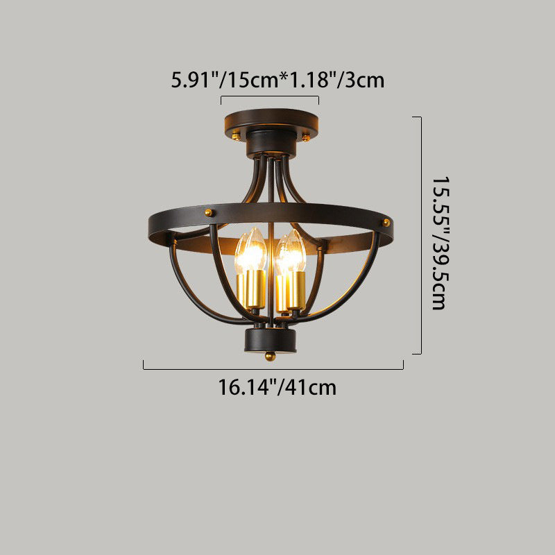 Contemporary Industrial Iron Cage Candle 4-Light Semi-Flush Mount Ceiling Light For Bedroom
