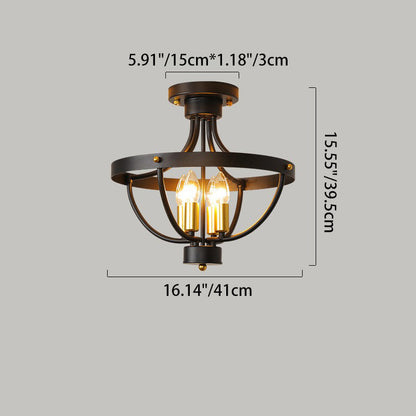 Contemporary Industrial Iron Cage Candle 4-Light Semi-Flush Mount Ceiling Light For Bedroom