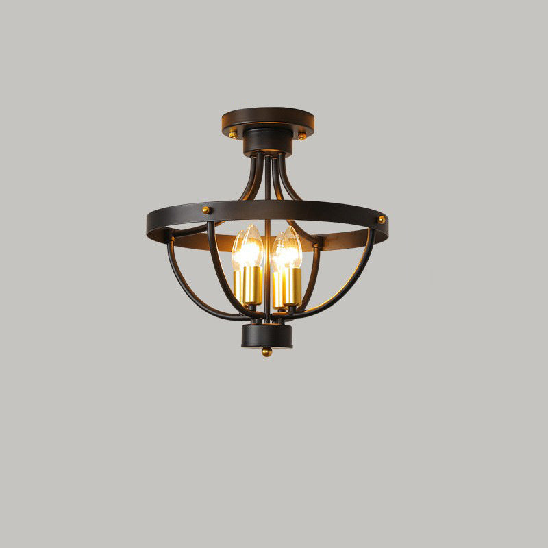 Contemporary Industrial Iron Cage Candle 4-Light Semi-Flush Mount Ceiling Light For Bedroom