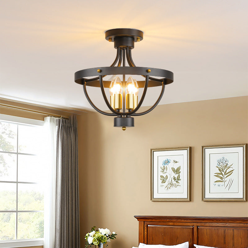 Contemporary Industrial Iron Cage Candle 4-Light Semi-Flush Mount Ceiling Light For Bedroom