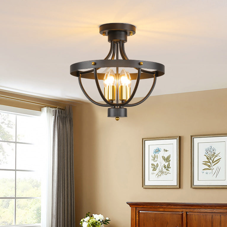 Contemporary Industrial Iron Cage Candle 4-Light Semi-Flush Mount Ceiling Light For Bedroom