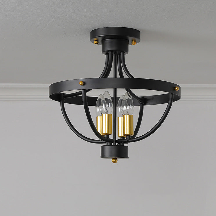 Contemporary Industrial Iron Cage Candle 4-Light Semi-Flush Mount Ceiling Light For Bedroom