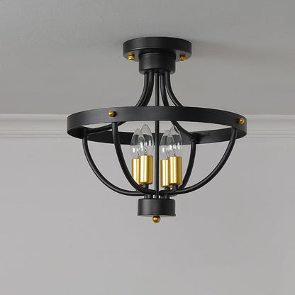 Contemporary Industrial Iron Cage Candle 4-Light Semi-Flush Mount Ceiling Light For Bedroom