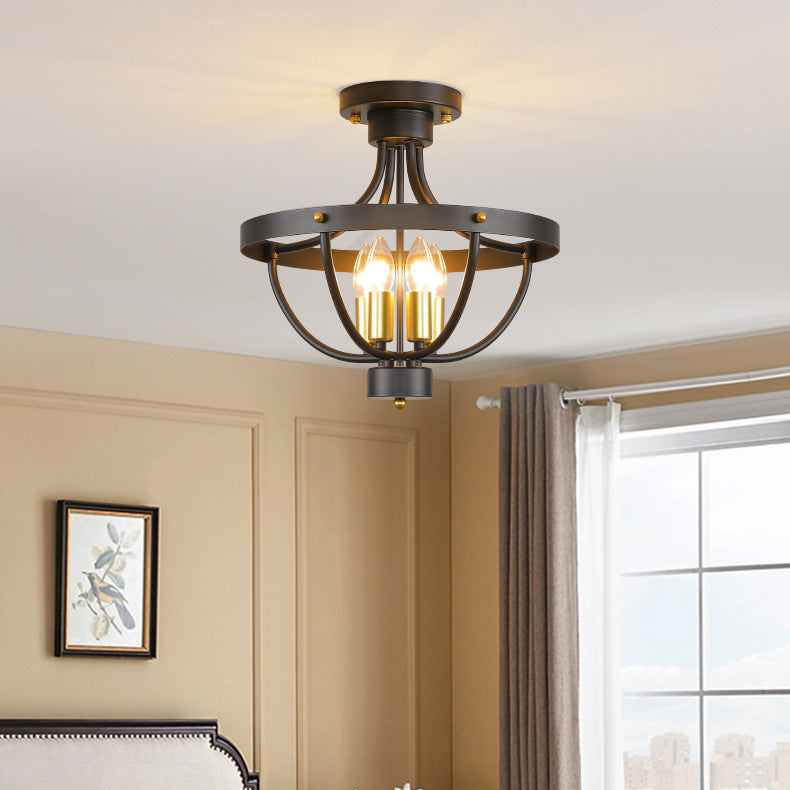 Contemporary Industrial Iron Cage Candle 4-Light Semi-Flush Mount Ceiling Light For Bedroom