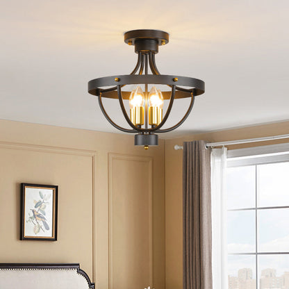 Contemporary Industrial Iron Cage Candle 4-Light Semi-Flush Mount Ceiling Light For Bedroom