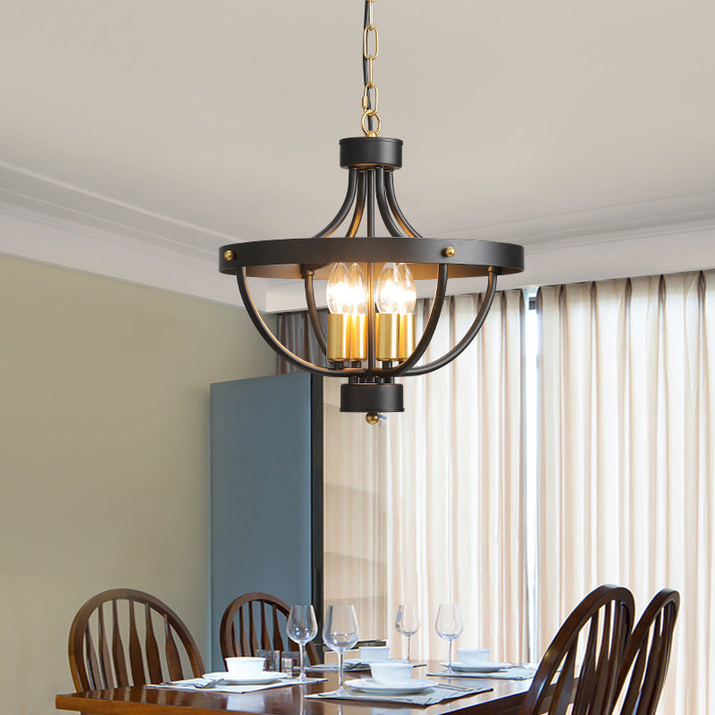 Contemporary Industrial Iron Cage Candle 4-Light Chandeliers For Dining Room