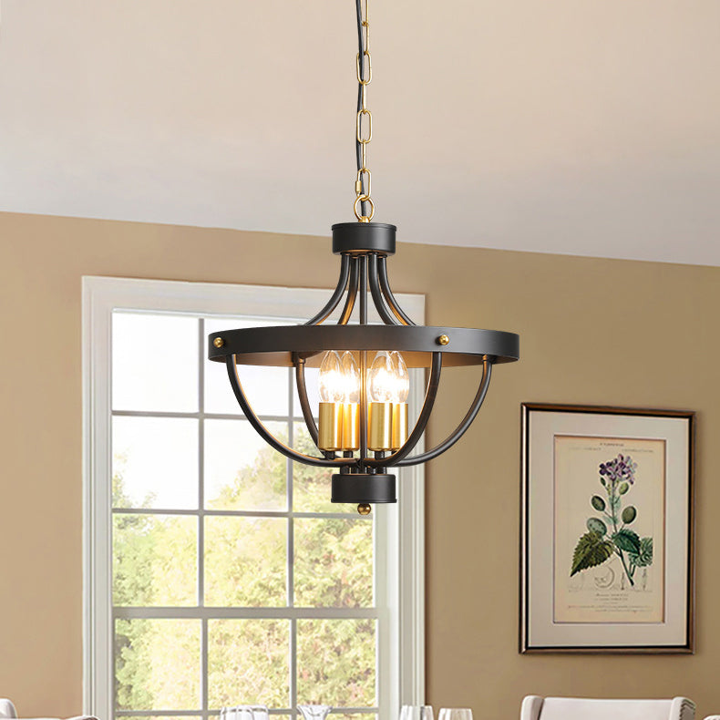 Contemporary Industrial Iron Cage Candle 4-Light Chandeliers For Dining Room
