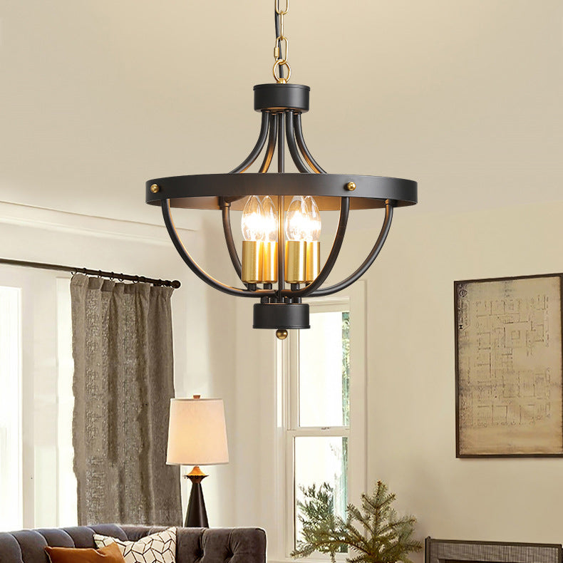 Contemporary Industrial Iron Cage Candle 4-Light Chandeliers For Dining Room