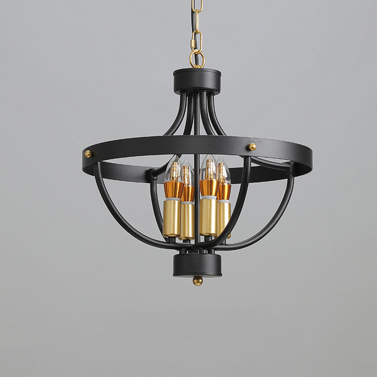 Contemporary Industrial Iron Cage Candle 4-Light Chandeliers For Dining Room