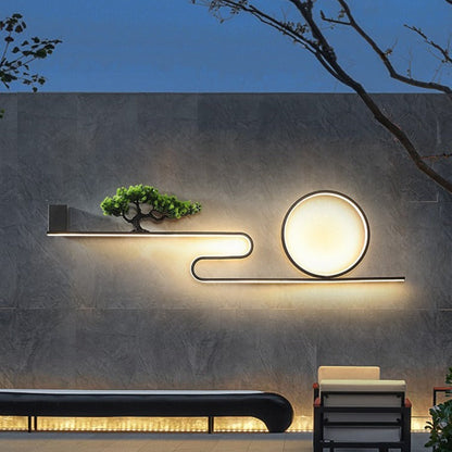 مصباح حائط LED دائري من الألومنيوم المقاوم للماء يعمل بالطاقة الشمسية بتصميم عصري من مادة البولي فينيل كلوريد لشجرة الصنوبر للفناء الخارجي 