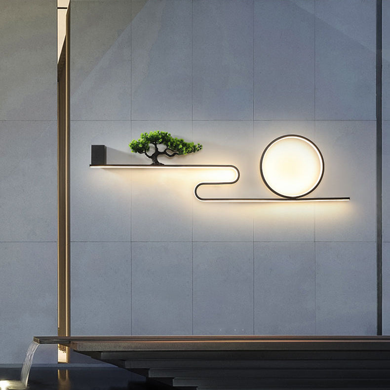 مصباح حائط LED دائري من الألومنيوم المقاوم للماء يعمل بالطاقة الشمسية بتصميم عصري من مادة البولي فينيل كلوريد لشجرة الصنوبر للفناء الخارجي 
