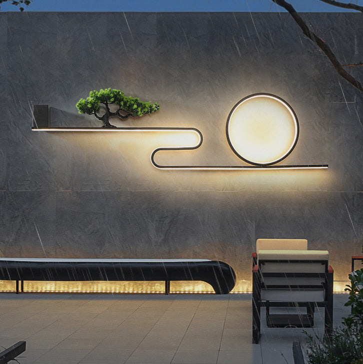 مصباح حائط LED دائري من الألومنيوم المقاوم للماء يعمل بالطاقة الشمسية بتصميم عصري من مادة البولي فينيل كلوريد لشجرة الصنوبر للفناء الخارجي 