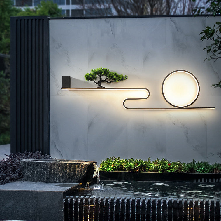 مصباح حائط LED دائري من الألومنيوم المقاوم للماء يعمل بالطاقة الشمسية بتصميم عصري من مادة البولي فينيل كلوريد لشجرة الصنوبر للفناء الخارجي 