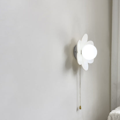 Contemporary Nordic Resin Glass Iron Flower Pull Chain 1-Light Wall Sconce Lamp For Bedside