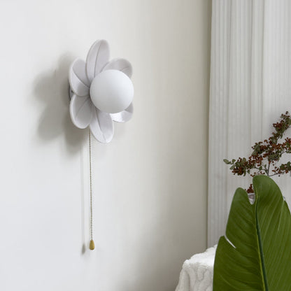 Contemporary Nordic Resin Glass Iron Flower Pull Chain 1-Light Wall Sconce Lamp For Bedside