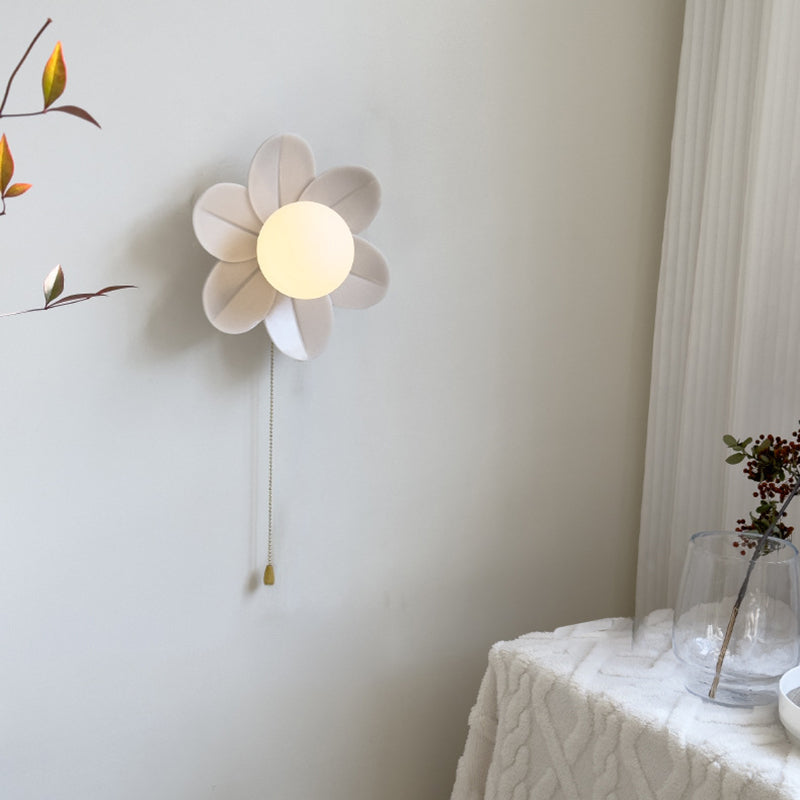 Contemporary Nordic Resin Glass Iron Flower Pull Chain 1-Light Wall Sconce Lamp For Bedside