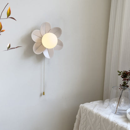 Contemporary Nordic Resin Glass Iron Flower Pull Chain 1-Light Wall Sconce Lamp For Bedside