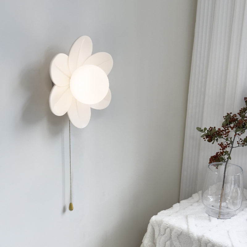 Contemporary Nordic Resin Glass Iron Flower Pull Chain 1-Light Wall Sconce Lamp For Bedside