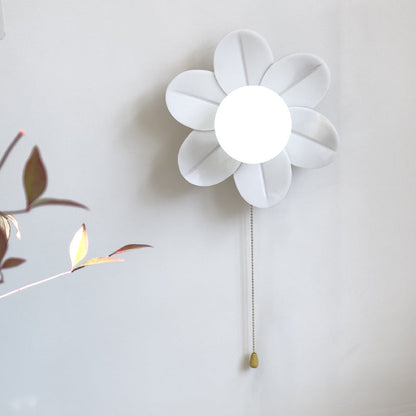 Contemporary Nordic Resin Glass Iron Flower Pull Chain 1-Light Wall Sconce Lamp For Bedside
