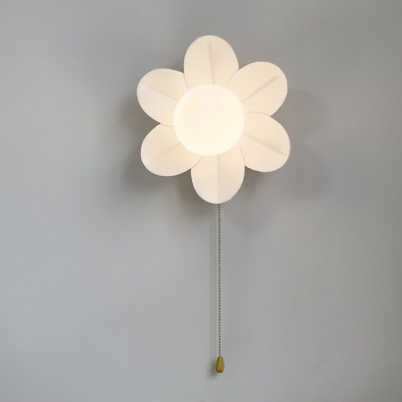 Contemporary Nordic Resin Glass Iron Flower Pull Chain 1-Light Wall Sconce Lamp For Bedside