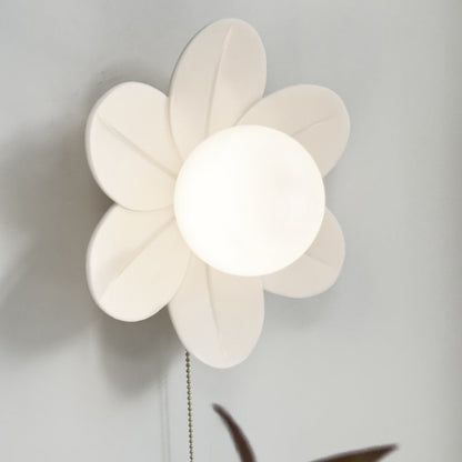 Contemporary Nordic Resin Glass Iron Flower Pull Chain 1-Light Wall Sconce Lamp For Bedside
