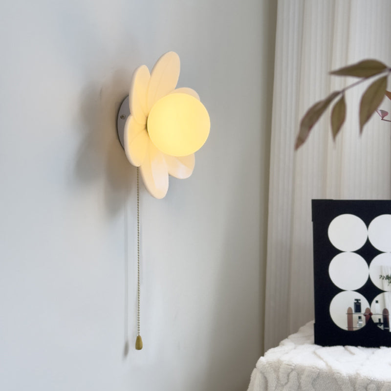 Contemporary Nordic Resin Glass Iron Flower Pull Chain 1-Light Wall Sconce Lamp For Bedside