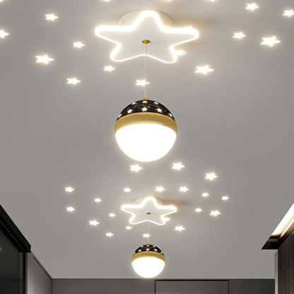 Contemporary Nordic Iron Acrylic Moon Star Ball Starry Sky Projection LED Semi-Flush Mount Ceiling Light For Hallway
